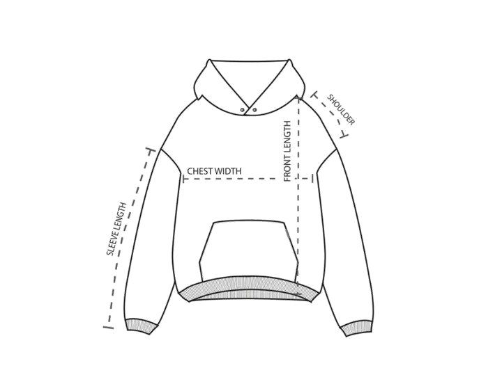 Redemption Hoodie measurement guide showing shoulder, chest width, front length and sleeve length